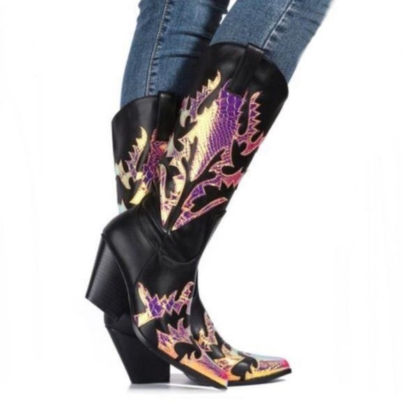 Mermaid & Black Western Cowboy Knee High Boots - Picture 3 of 6